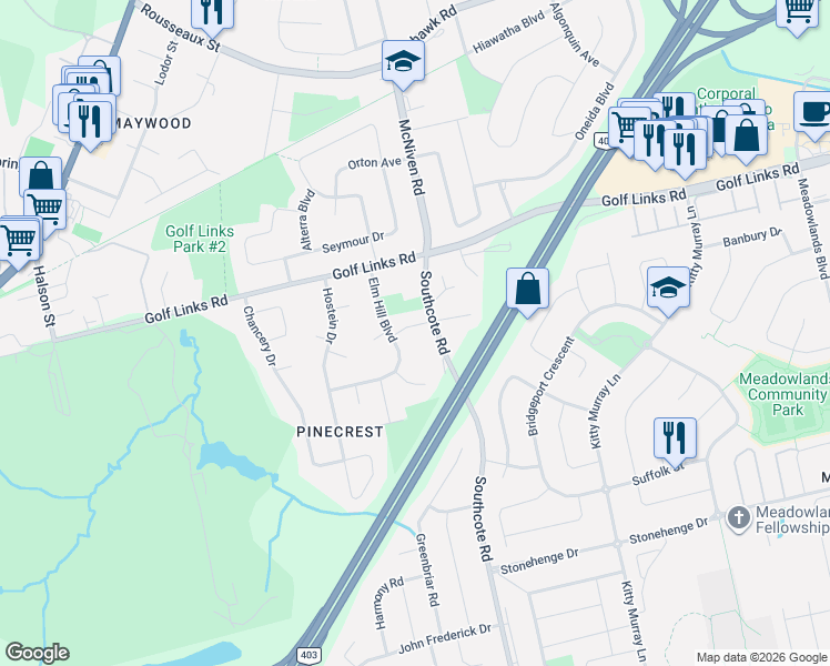 map of restaurants, bars, coffee shops, grocery stores, and more near 73 Elm Hill Boulevard in Hamilton