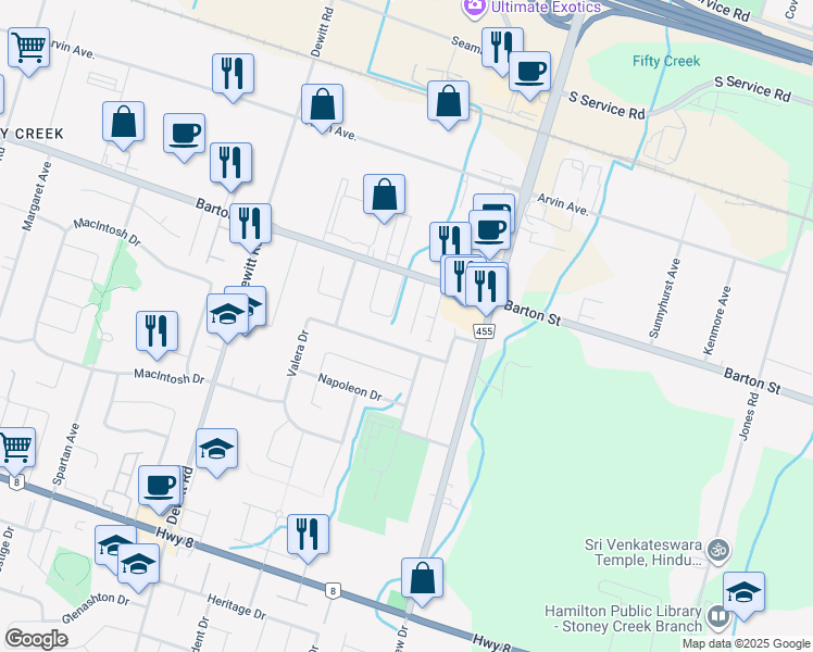 map of restaurants, bars, coffee shops, grocery stores, and more near 610 Barton Street in Hamilton