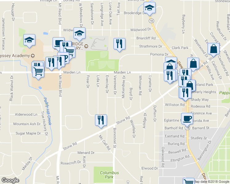 map of restaurants, bars, coffee shops, grocery stores, and more near 147 Verstreet Drive in Rochester