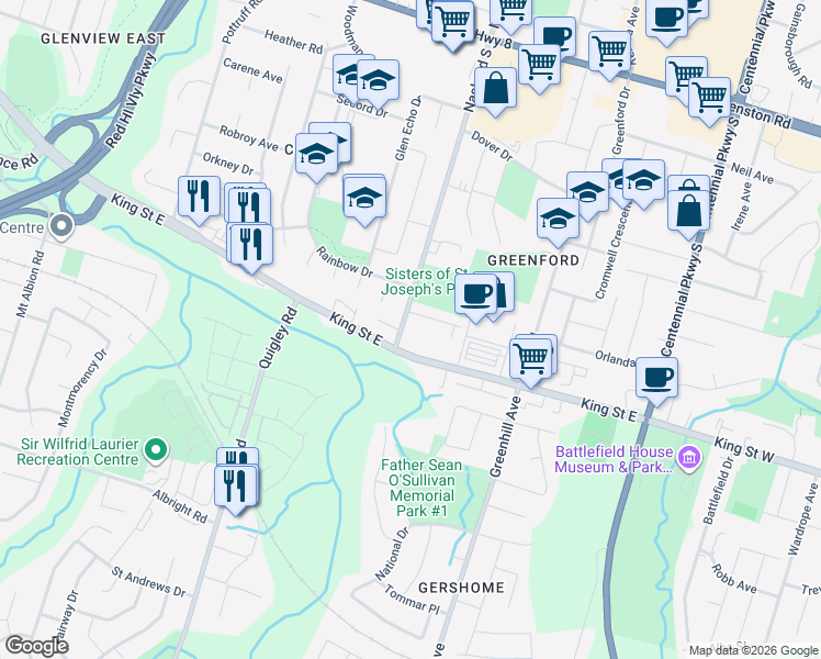 map of restaurants, bars, coffee shops, grocery stores, and more near 2730 King Street East in Hamilton