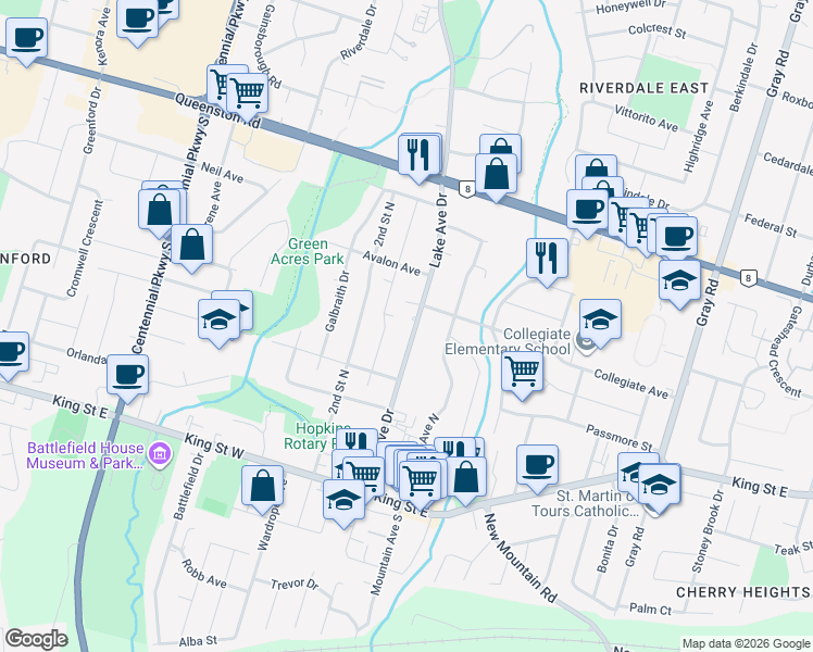 map of restaurants, bars, coffee shops, grocery stores, and more near 67 Lake Avenue Drive in Hamilton