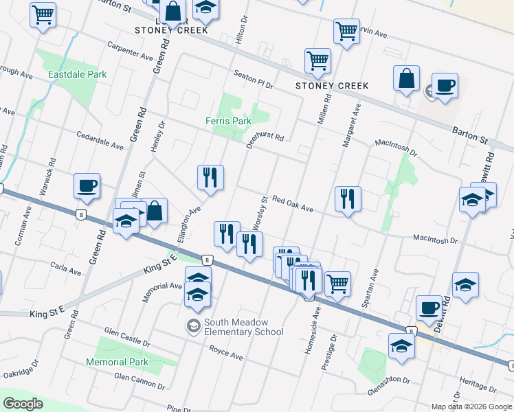 map of restaurants, bars, coffee shops, grocery stores, and more near 45 Worsley Road in Hamilton