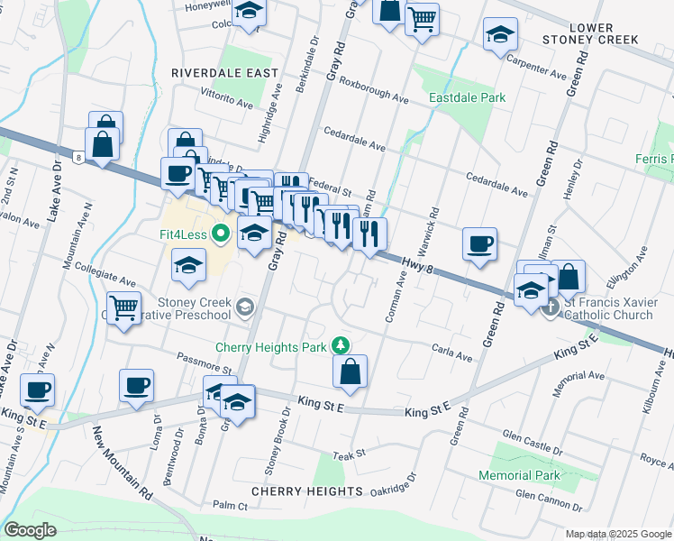 map of restaurants, bars, coffee shops, grocery stores, and more near 151 Gateshead Crescent in Hamilton