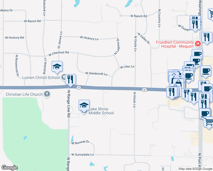 map of restaurants, bars, coffee shops, grocery stores, and more near 2311 West Glenbrook Lane in Mequon