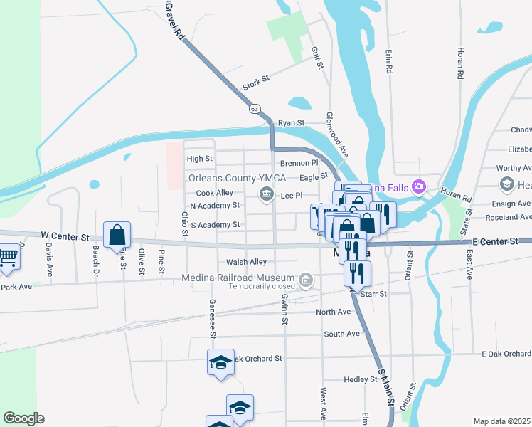 map of restaurants, bars, coffee shops, grocery stores, and more near 302 Pearl Street in Medina