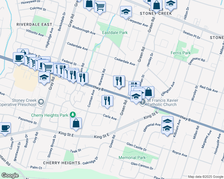map of restaurants, bars, coffee shops, grocery stores, and more near 249 Highway 8 in Hamilton