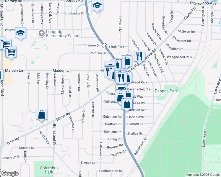 map of restaurants, bars, coffee shops, grocery stores, and more near 618 Stone Road in Rochester