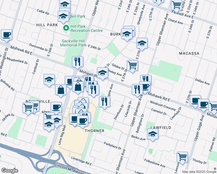 map of restaurants, bars, coffee shops, grocery stores, and more near 460 Mohawk Road East in Hamilton