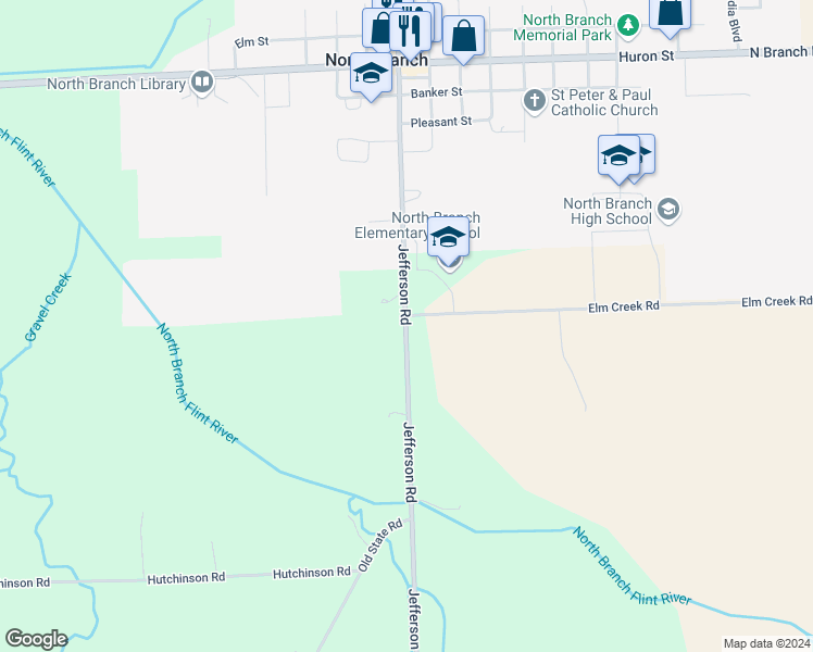 map of restaurants, bars, coffee shops, grocery stores, and more near 6498 Jefferson Street in North Branch