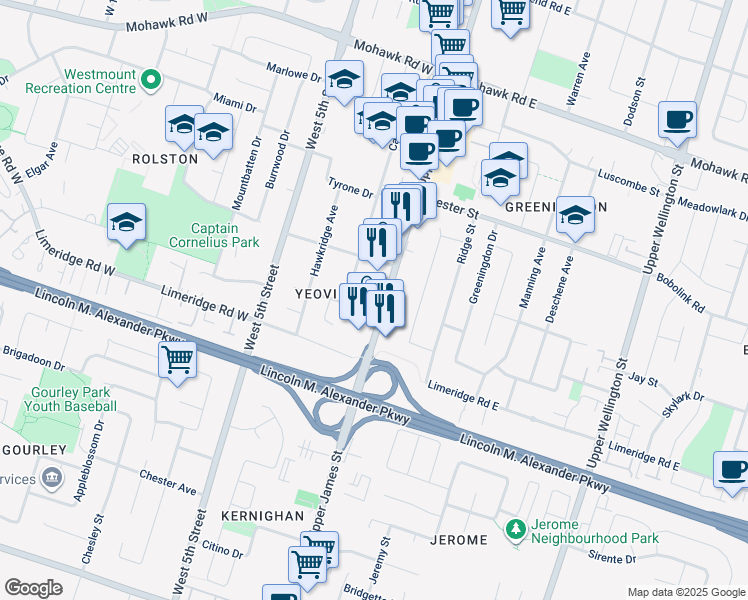 map of restaurants, bars, coffee shops, grocery stores, and more near in Hamilton