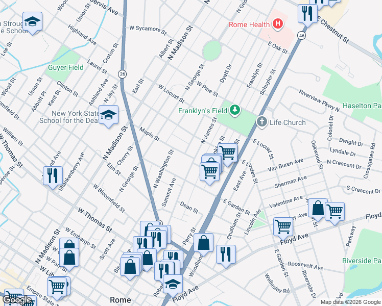 map of restaurants, bars, coffee shops, grocery stores, and more near 107 1/2 West Linden Street in Rome