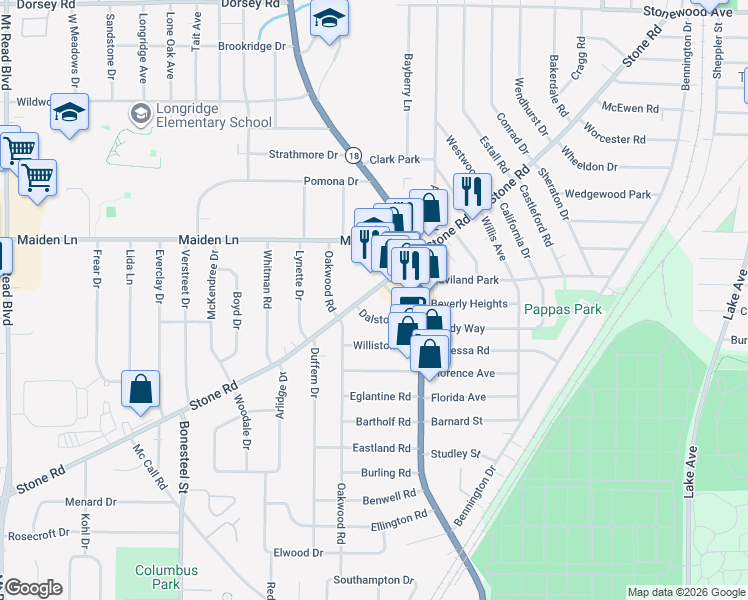 map of restaurants, bars, coffee shops, grocery stores, and more near 618 Stone Road in Rochester