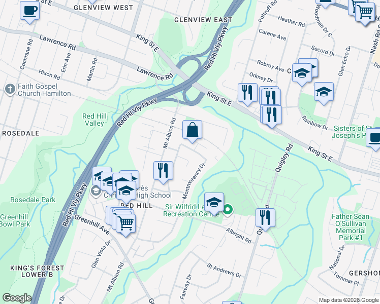 map of restaurants, bars, coffee shops, grocery stores, and more near 269 Montmorency Drive in Hamilton