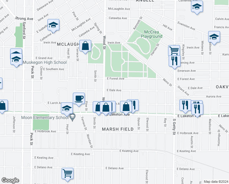 map of restaurants, bars, coffee shops, grocery stores, and more near 1674 Manz Street in Muskegon