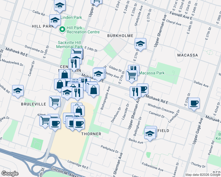 map of restaurants, bars, coffee shops, grocery stores, and more near 9 Bishopsgate Avenue in Hamilton