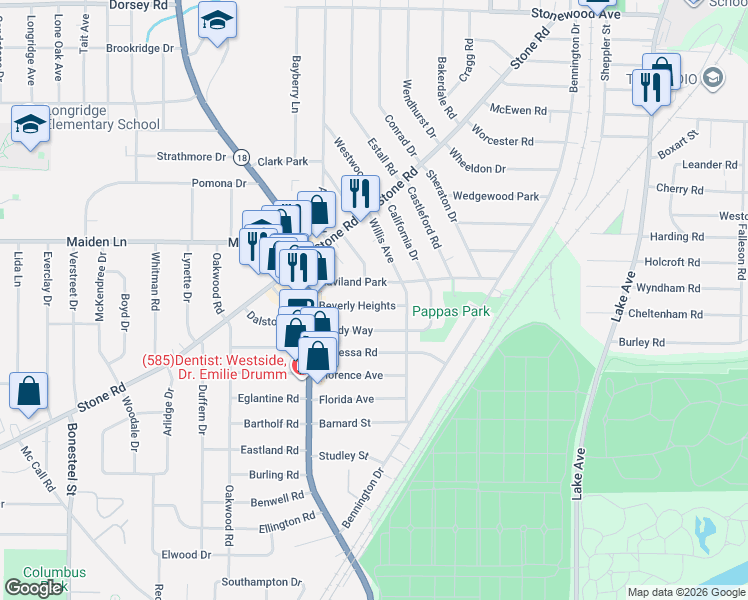 map of restaurants, bars, coffee shops, grocery stores, and more near 188 Haviland Park in Rochester