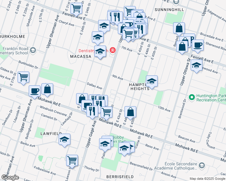 map of restaurants, bars, coffee shops, grocery stores, and more near 759 Upper Gage Avenue in Hamilton