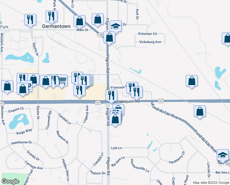 map of restaurants, bars, coffee shops, grocery stores, and more near N113W15570 Francese Drive in Germantown