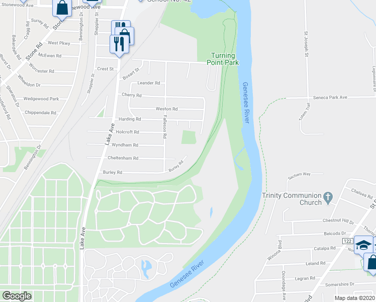 map of restaurants, bars, coffee shops, grocery stores, and more near 308 Burley Road in Rochester