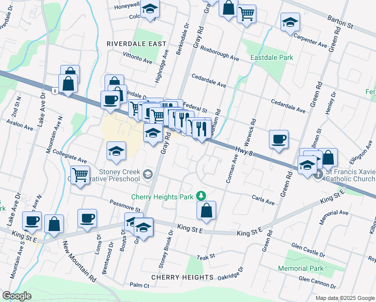 map of restaurants, bars, coffee shops, grocery stores, and more near 87 151 Gateshead Crescent in Hamilton
