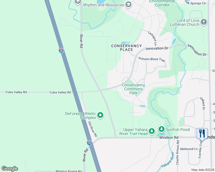 map of restaurants, bars, coffee shops, grocery stores, and more near 4890 Innovation Drive in DeForest