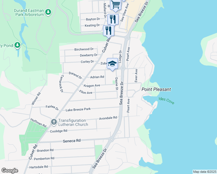 map of restaurants, bars, coffee shops, grocery stores, and more near 143 Aragon Avenue in Rochester