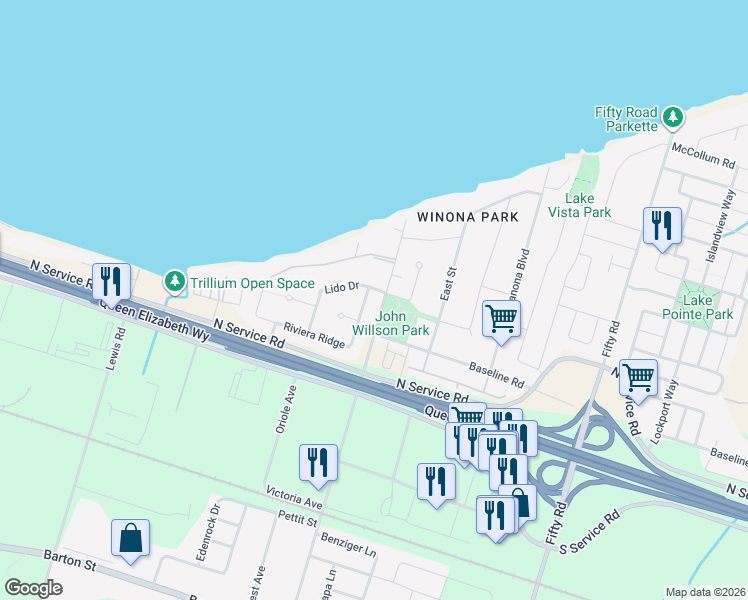 map of restaurants, bars, coffee shops, grocery stores, and more near 4 Lido Drive in Hamilton
