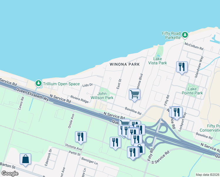 map of restaurants, bars, coffee shops, grocery stores, and more near 19 Liuna Court in Hamilton