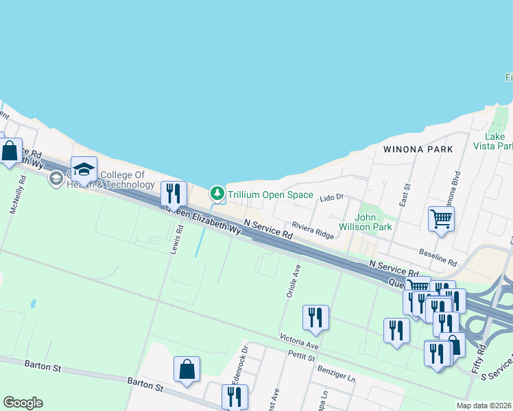 map of restaurants, bars, coffee shops, grocery stores, and more near 14 Campview Road in Hamilton