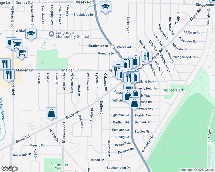 map of restaurants, bars, coffee shops, grocery stores, and more near 476 Oakwood Road in Rochester