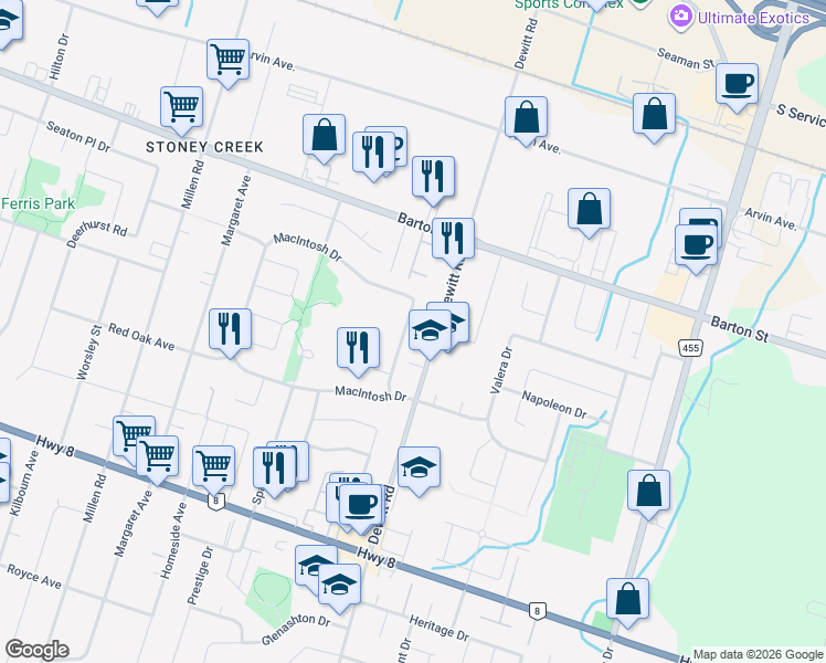 map of restaurants, bars, coffee shops, grocery stores, and more near 419 Macintosh Drive in Hamilton