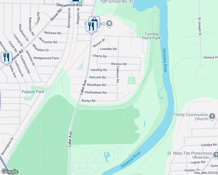 map of restaurants, bars, coffee shops, grocery stores, and more near 144 Wyndham Road in Rochester