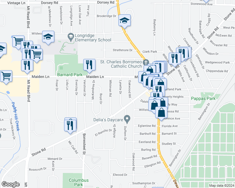 map of restaurants, bars, coffee shops, grocery stores, and more near 125 Whitman Road in Rochester