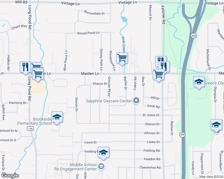 map of restaurants, bars, coffee shops, grocery stores, and more near 29 Grecian Parkway in Rochester