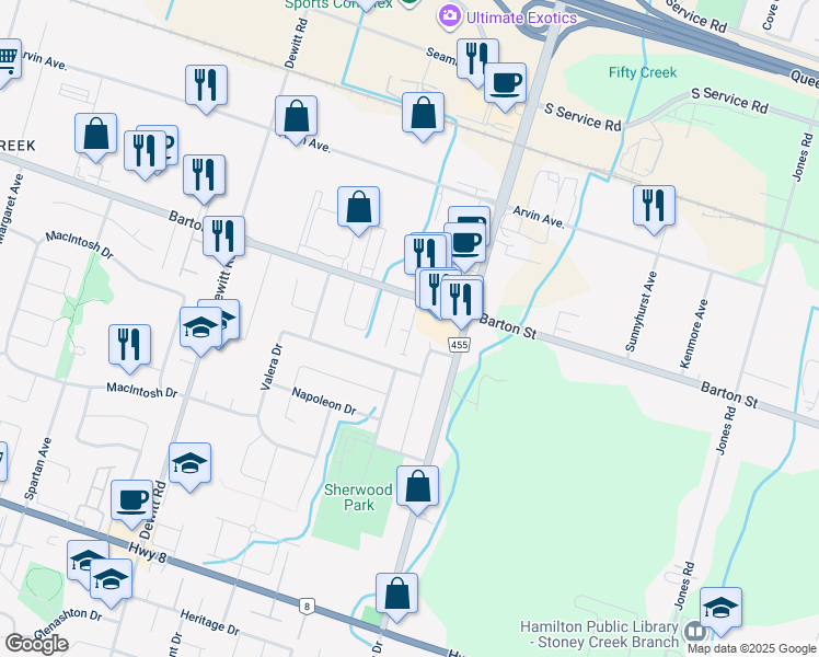 map of restaurants, bars, coffee shops, grocery stores, and more near in Hamilton
