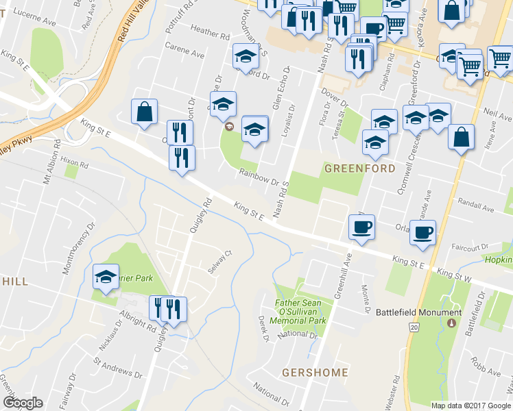 map of restaurants, bars, coffee shops, grocery stores, and more near in Hamilton