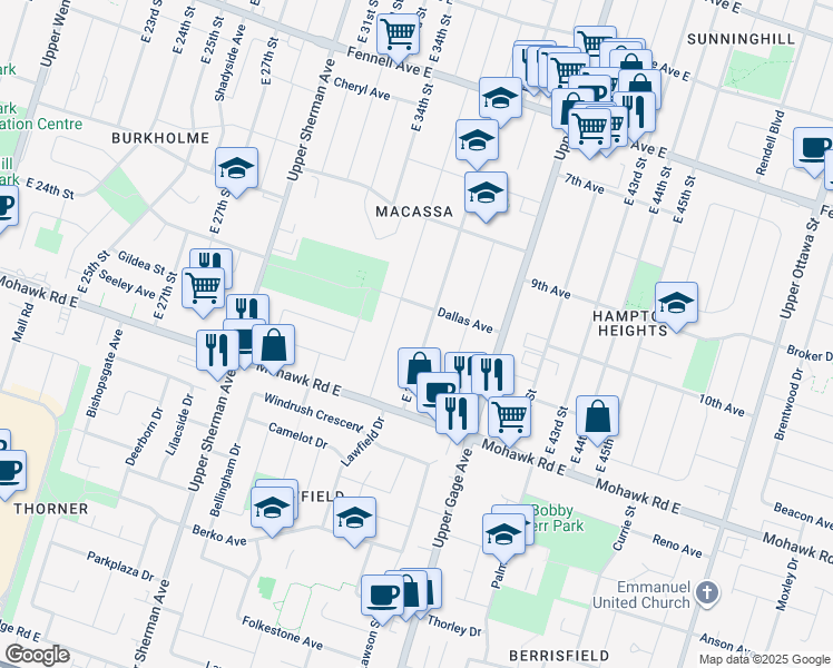 map of restaurants, bars, coffee shops, grocery stores, and more near 431 East 36th Street in Hamilton