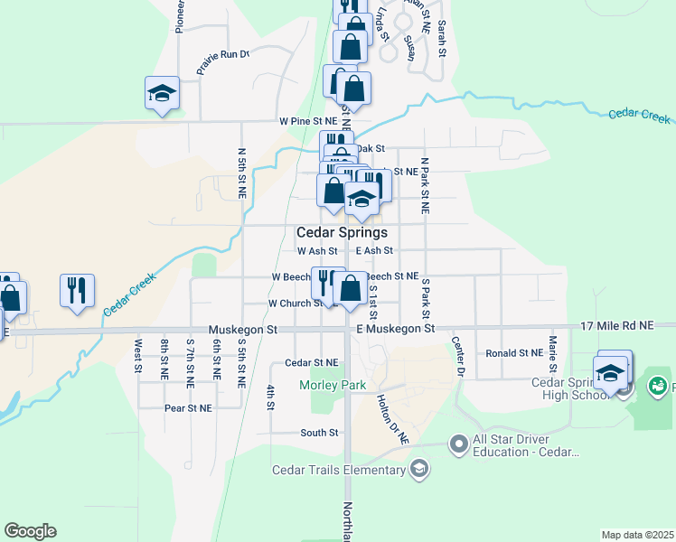 map of restaurants, bars, coffee shops, grocery stores, and more near 66 South Main in Cedar Springs