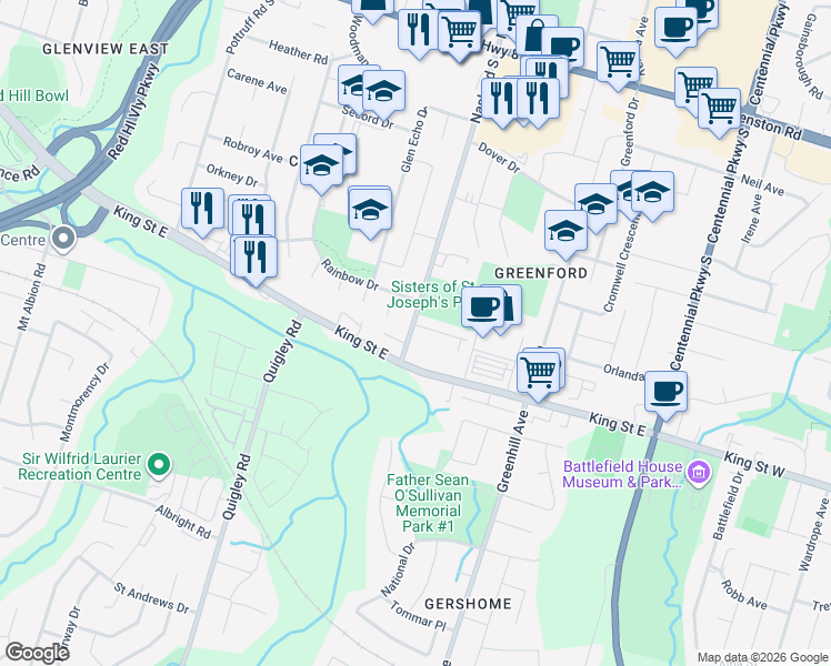 map of restaurants, bars, coffee shops, grocery stores, and more near 214 Nash Road South in Hamilton