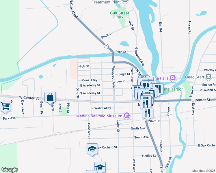 map of restaurants, bars, coffee shops, grocery stores, and more near 302 Pearl Street in Medina