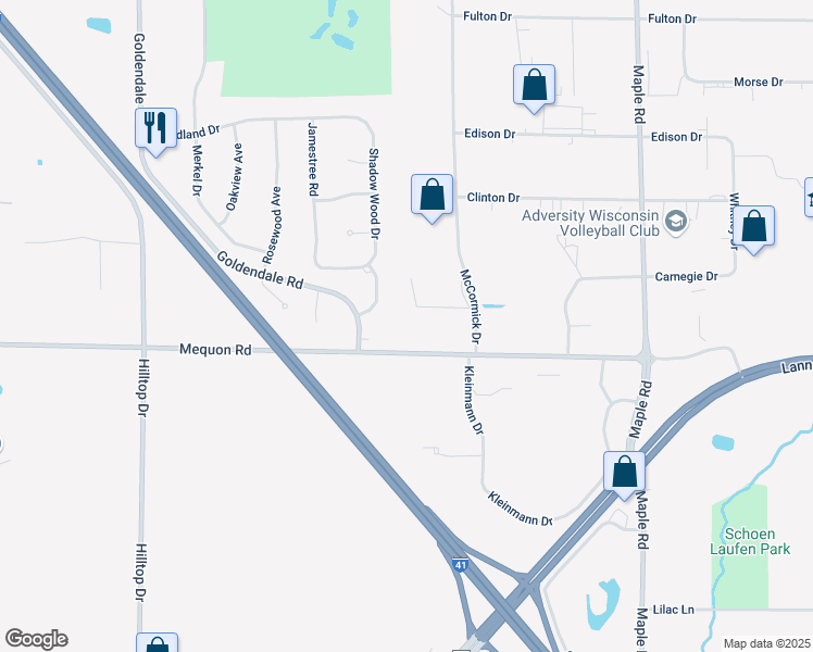 map of restaurants, bars, coffee shops, grocery stores, and more near N112W19528 Mequon Road in Germantown
