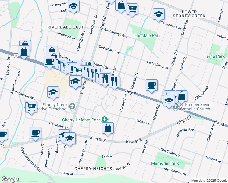 map of restaurants, bars, coffee shops, grocery stores, and more near 150 Gateshead Crescent in Hamilton