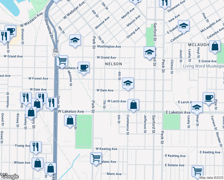 map of restaurants, bars, coffee shops, grocery stores, and more near 314 West Dale Avenue in Muskegon