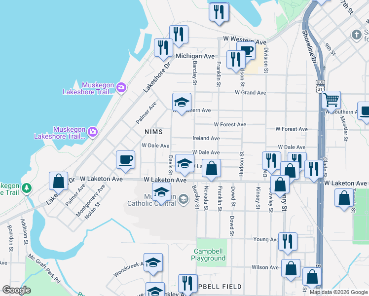 map of restaurants, bars, coffee shops, grocery stores, and more near 1131 Ireland Avenue in Muskegon