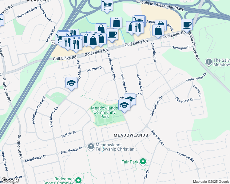 map of restaurants, bars, coffee shops, grocery stores, and more near 106 Meadowlands Boulevard in Hamilton