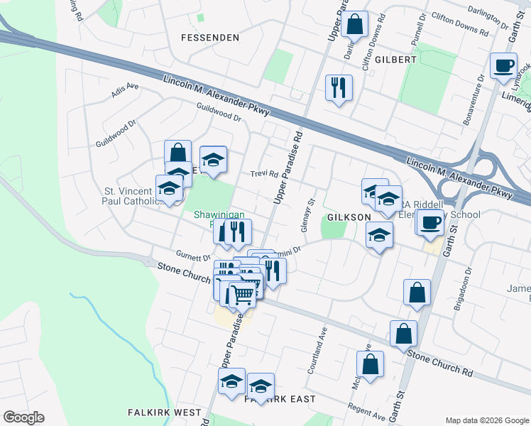map of restaurants, bars, coffee shops, grocery stores, and more near 792 Upper Paradise Road in Hamilton