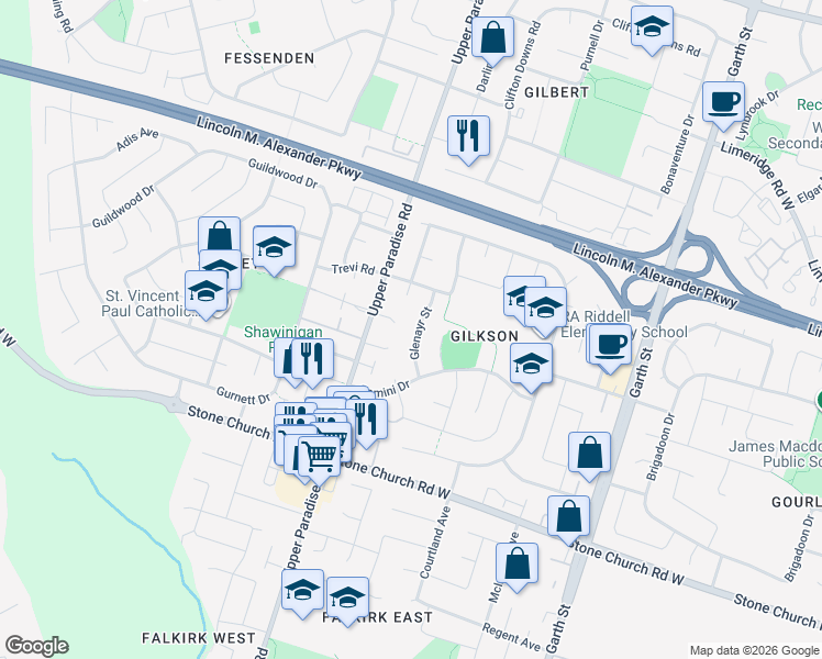 map of restaurants, bars, coffee shops, grocery stores, and more near 43 Glenayr Street in Hamilton