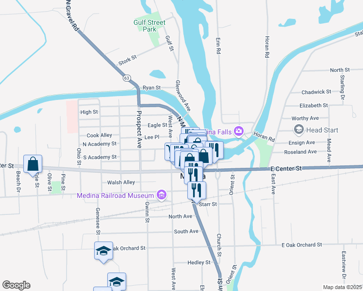 map of restaurants, bars, coffee shops, grocery stores, and more near 108 Pearl Street in Medina