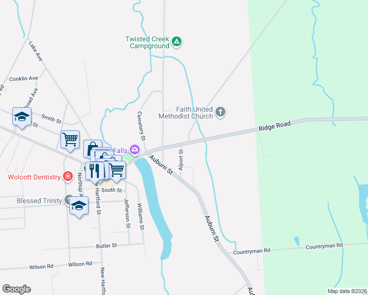 map of restaurants, bars, coffee shops, grocery stores, and more near 12163 Oswego Street in Wolcott