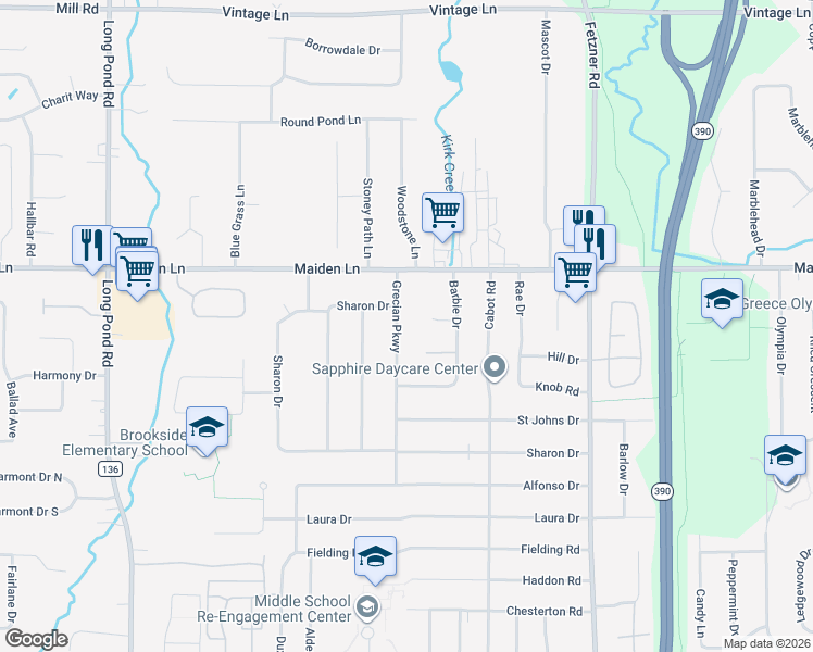 map of restaurants, bars, coffee shops, grocery stores, and more near 29 Grecian Parkway in Rochester